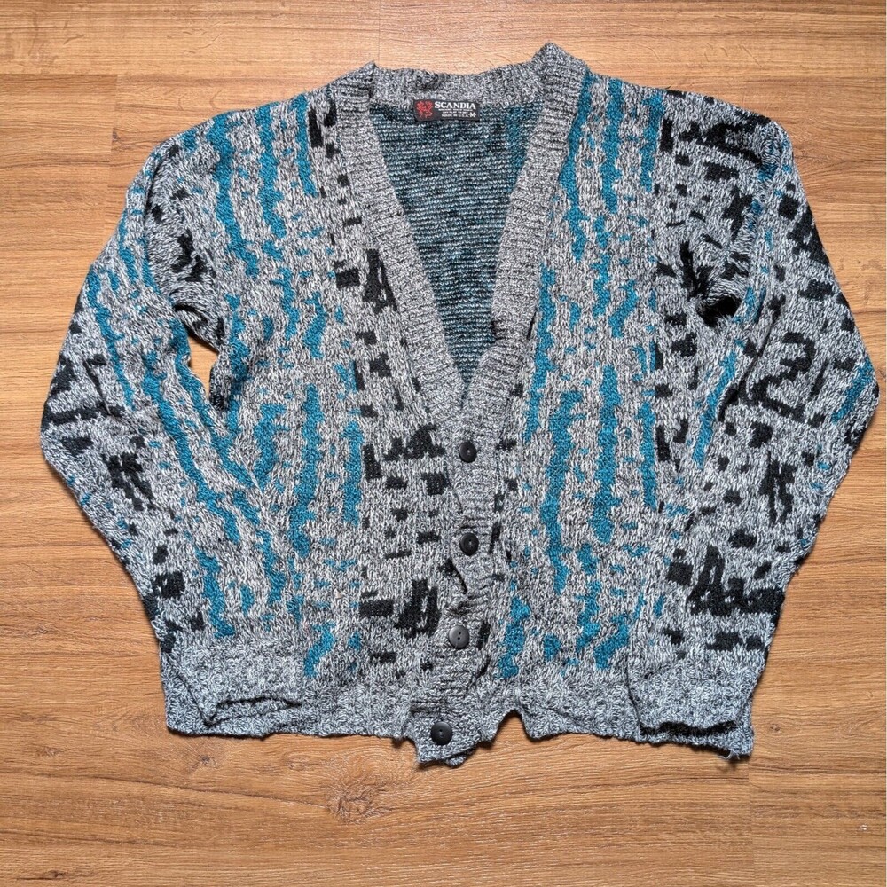 Vtg 80s Scandia Cardigan Sweater Mens Medium Geometric New Wave SOFT Acrylic USA
